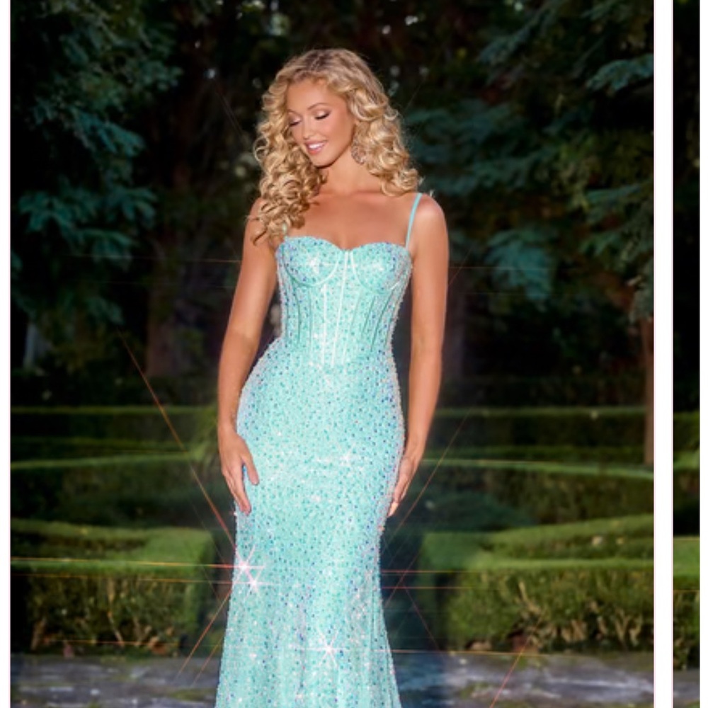Portia and Scarlett Blue Green Sequin Prom Gown
